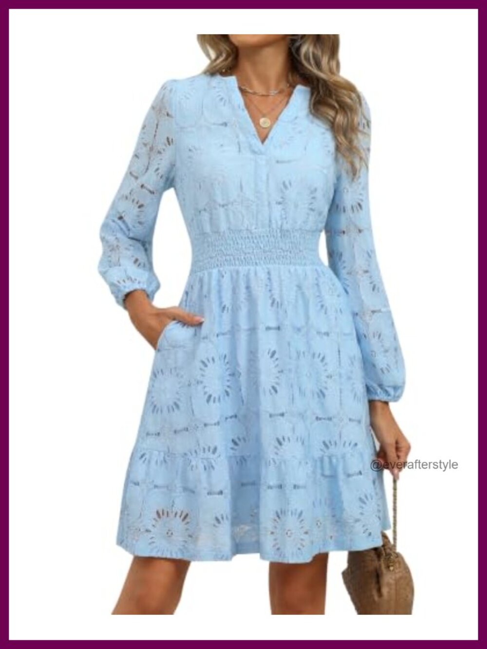 Women's Long Sleeve Eyelet Embroidery Lace Floral Mini Dress A-Line